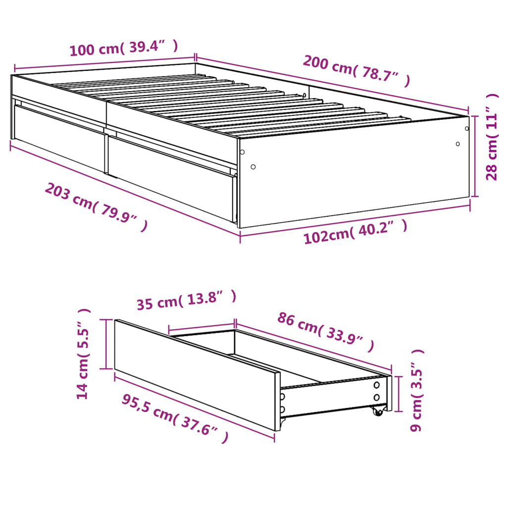 Okvir kreveta s ladicama boja hrasta 100x200 cm