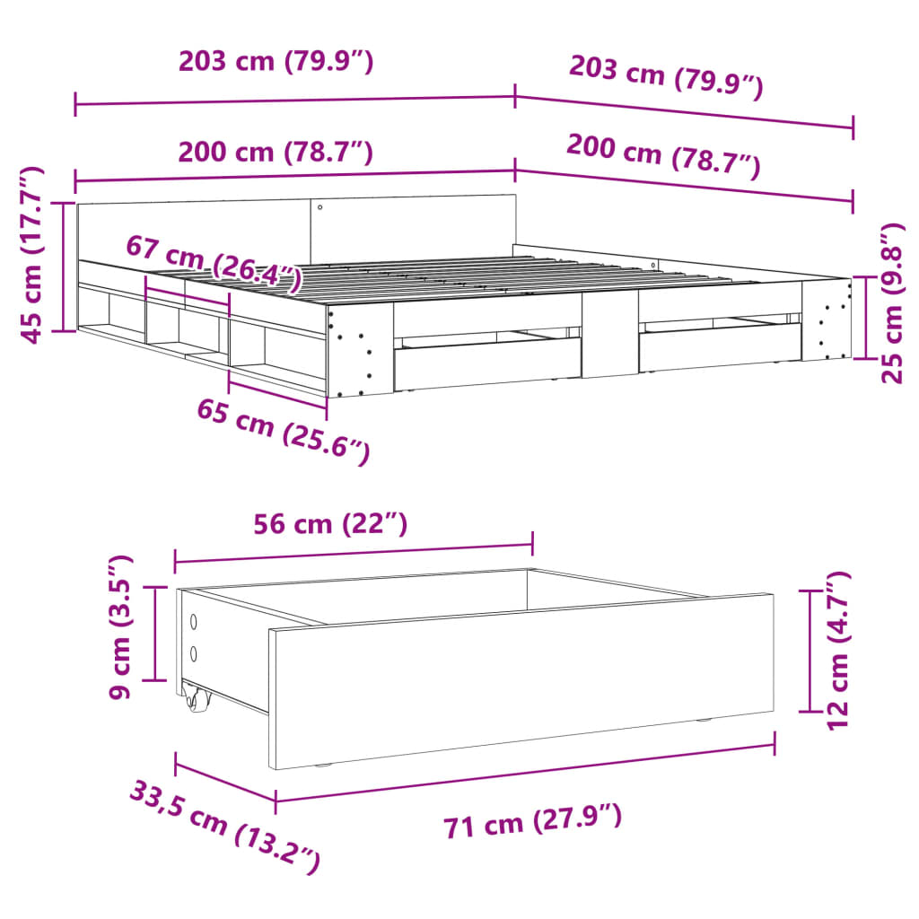 Okvir kreveta s ladicama boja hrasta 200x200 cm