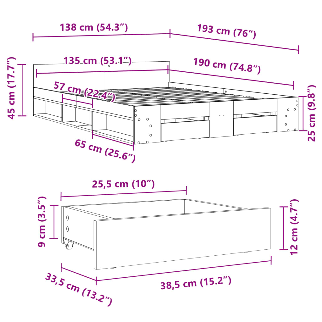 Okvir kreveta s ladicama bez madraca bijeli 135x190 cm