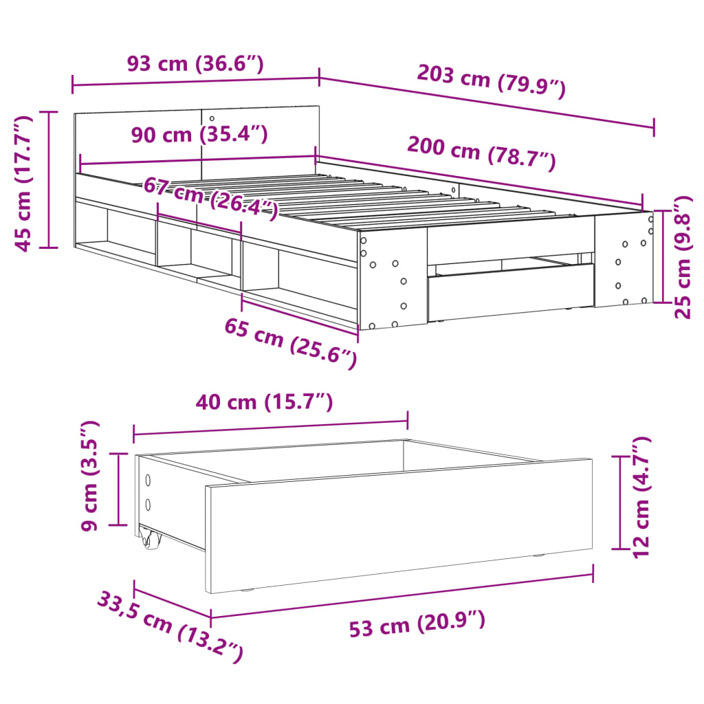 Okvir kreveta s ladicom bijeli 90 x 200 cm konstruirano drvo