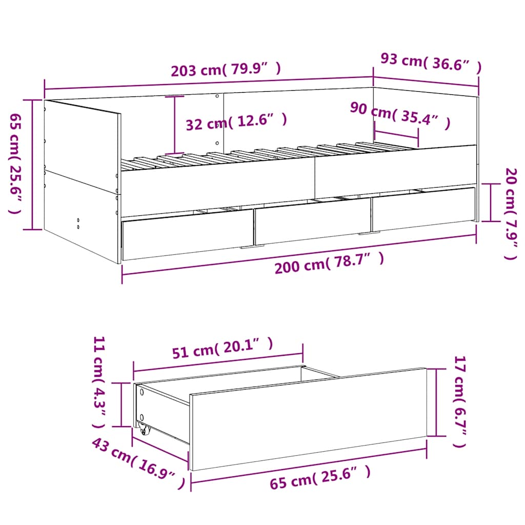 Dnevni krevet s ladicama bez madraca siva boja hrasta 90x200 cm
