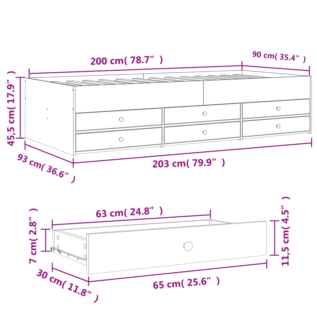Dnevni krevet s ladicama bez madraca crni 90x200 cm