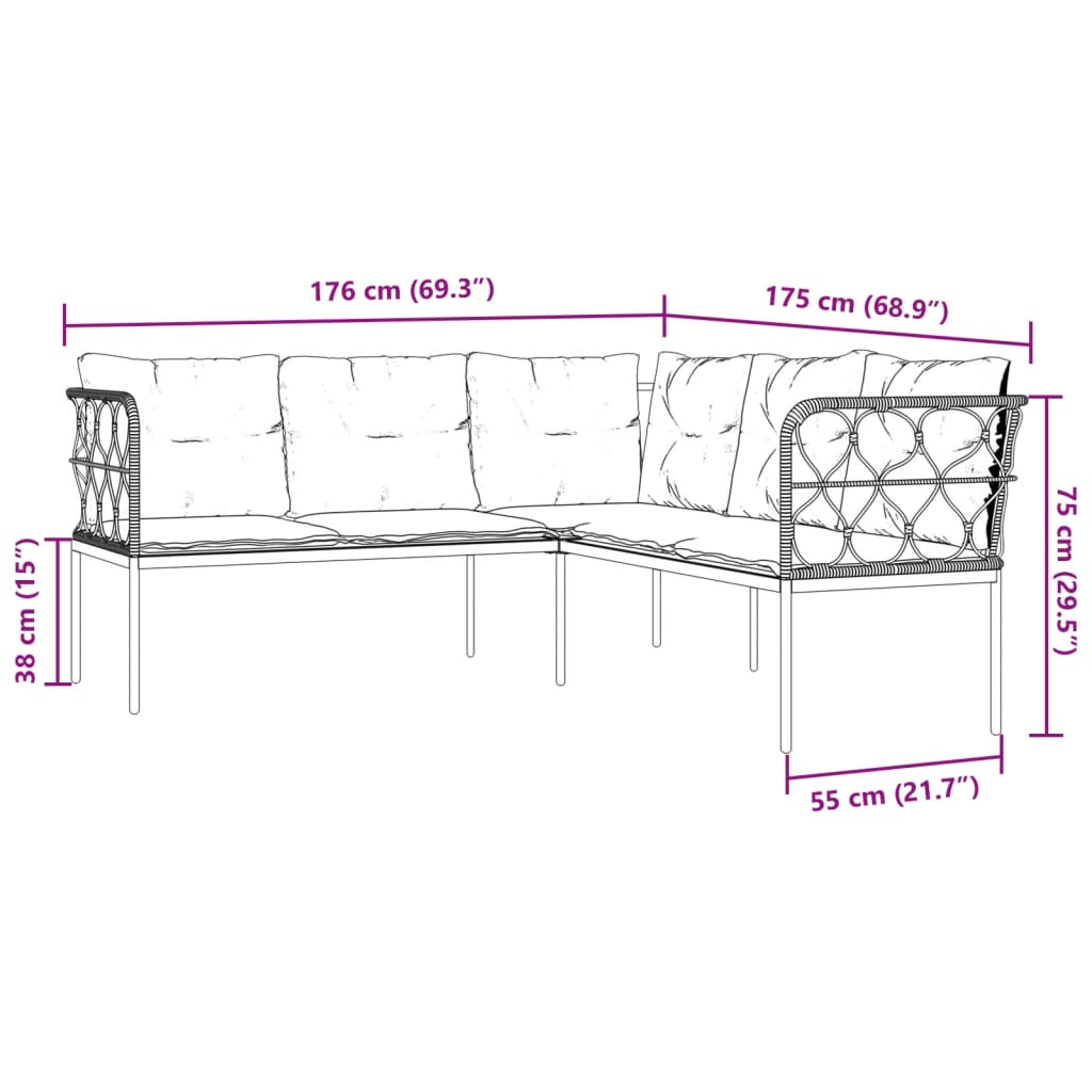 Vrtna sofa s jastucima L-oblika crna od čelika i tekstilena