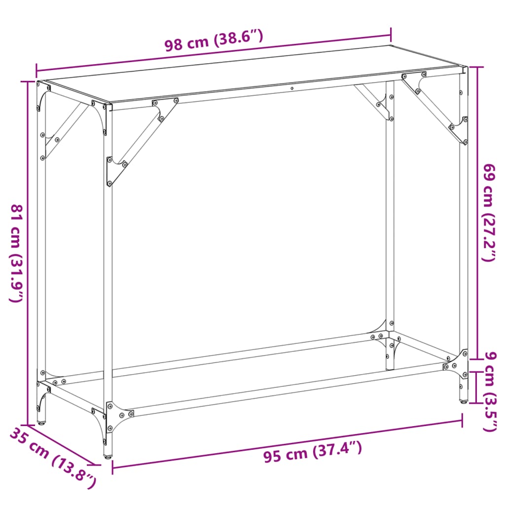Konzolni stol s crnom staklenom površinom 98x35x81 cm čelični