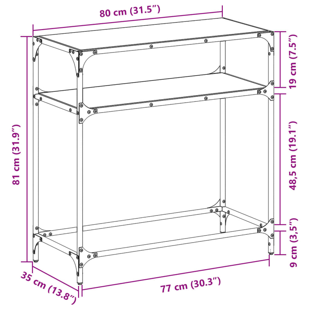 Konzolni stol s crnom staklenom površinom 80x35x81 cm čelični