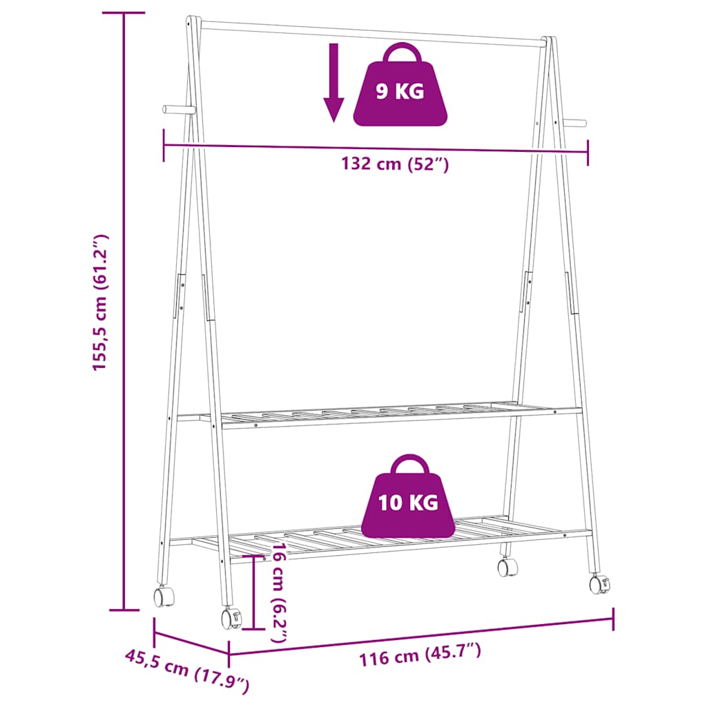 Stalak za odjeću s policama i kotačima 132x45,5x155,5cm bambusa