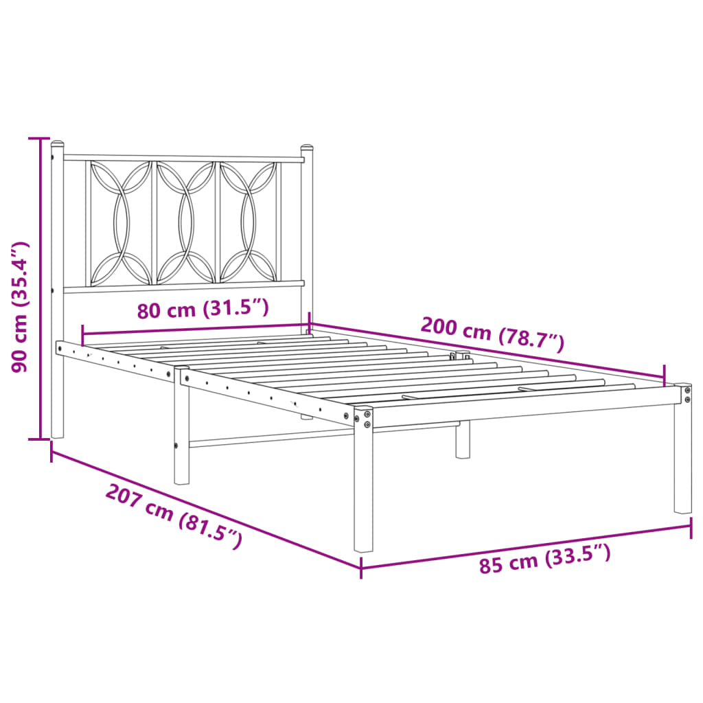 Metalni okvir za krevet s uzglavljem crni 80x200 cm