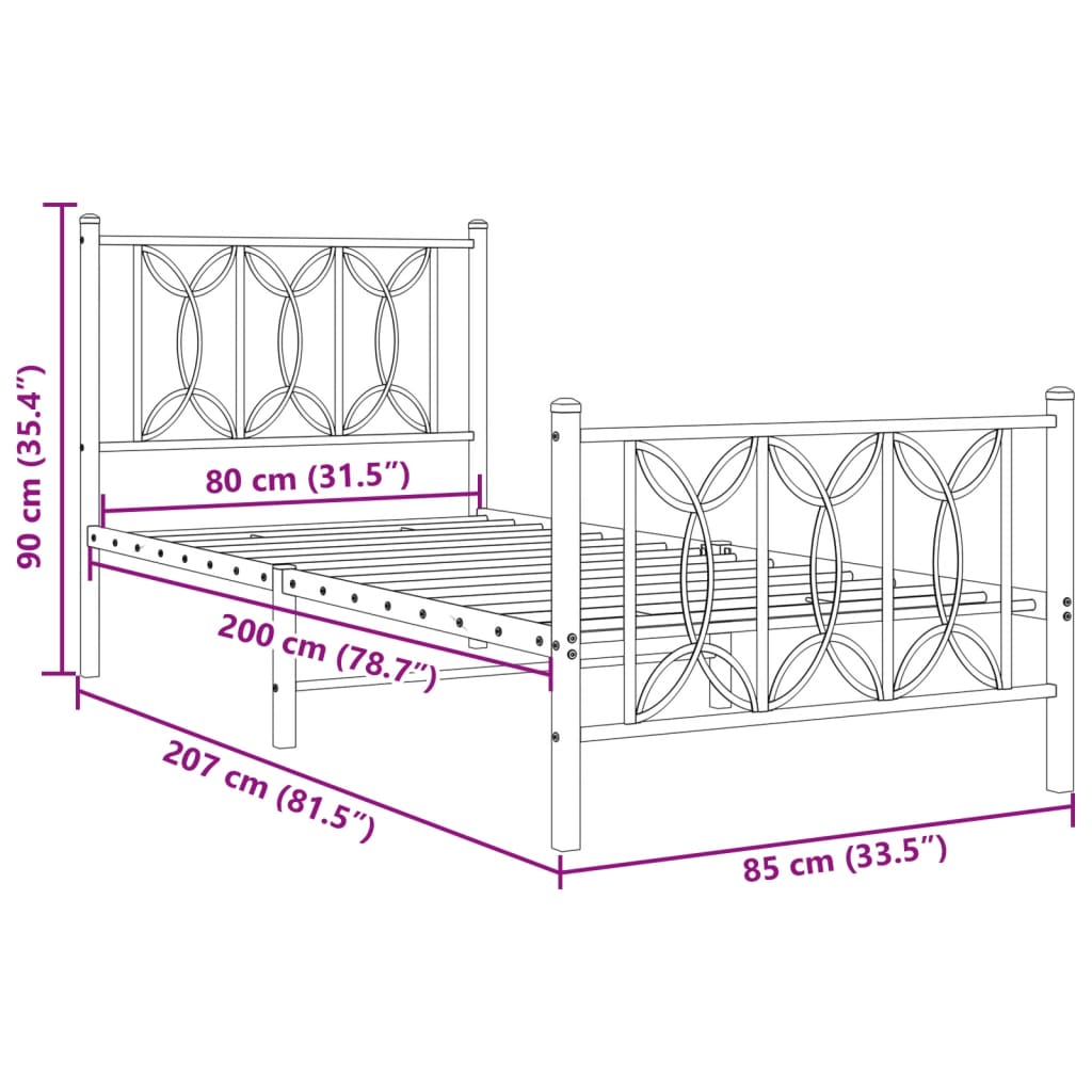 Metalni okvir kreveta uzglavlje i podnožje crni 80x200 cm