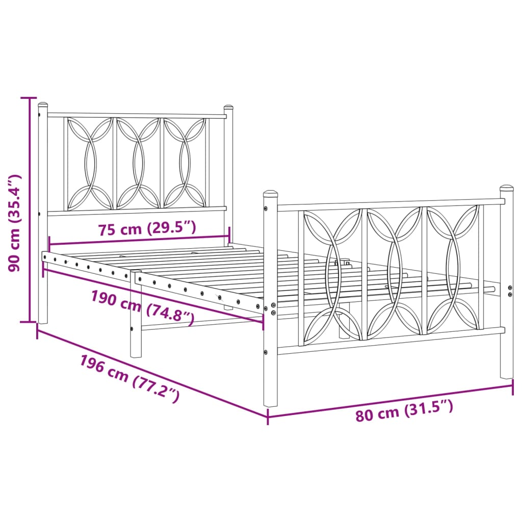 Metalni okvir kreveta uzglavlje i podnožje bijeli 75x190 cm