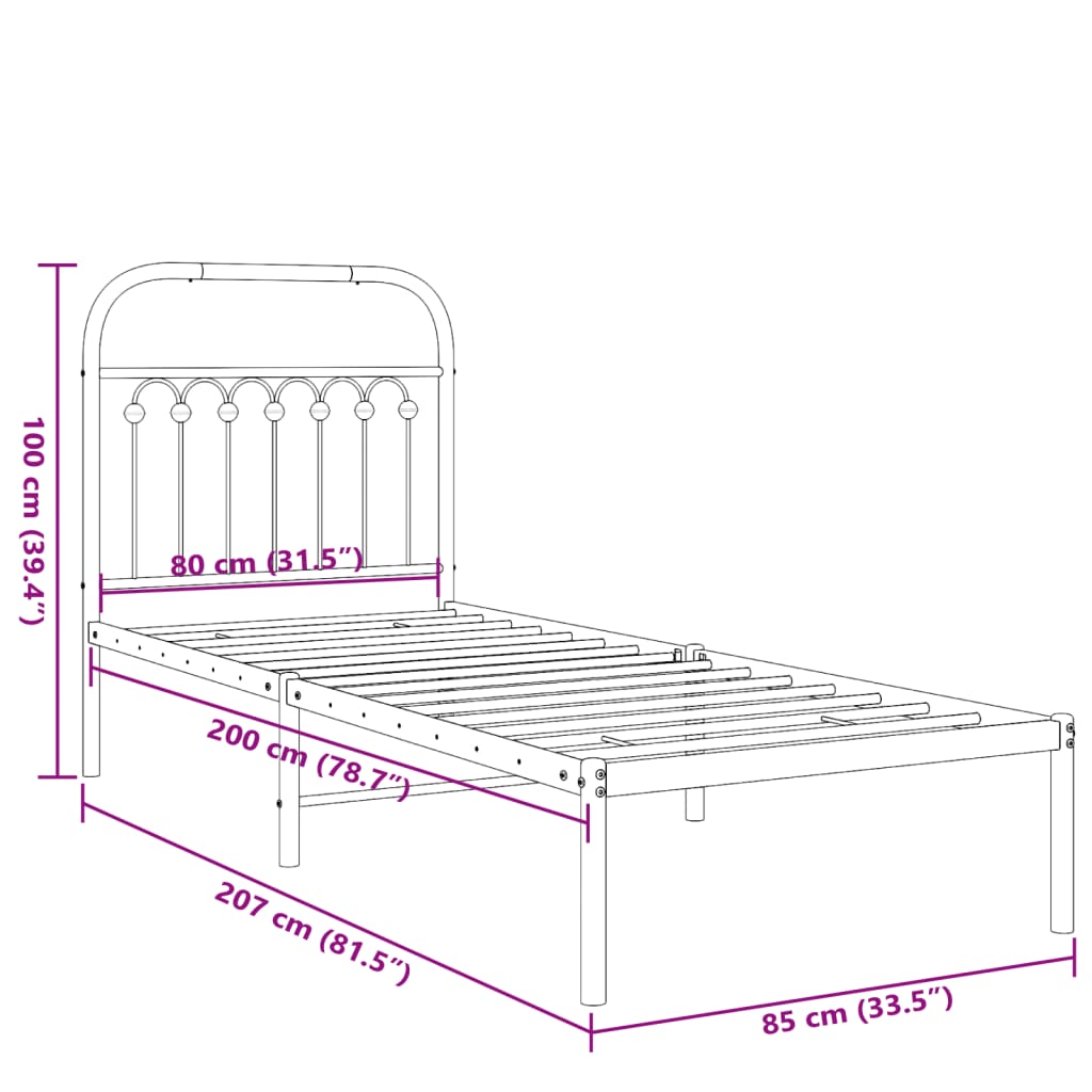 Metalni okvir za krevet s uzglavljem crni 80x200 cm