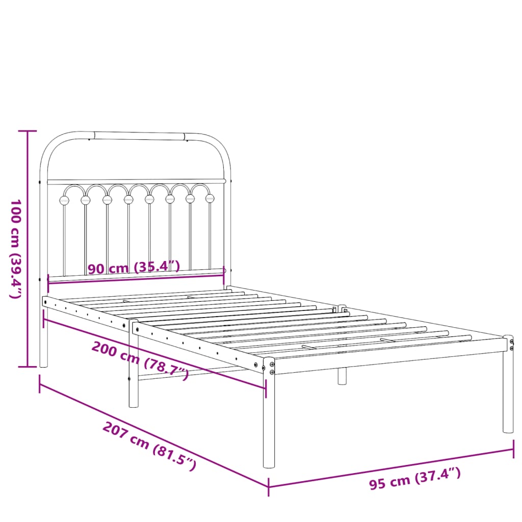 Metalni okvir za krevet s uzglavljem crni 90x200 cm