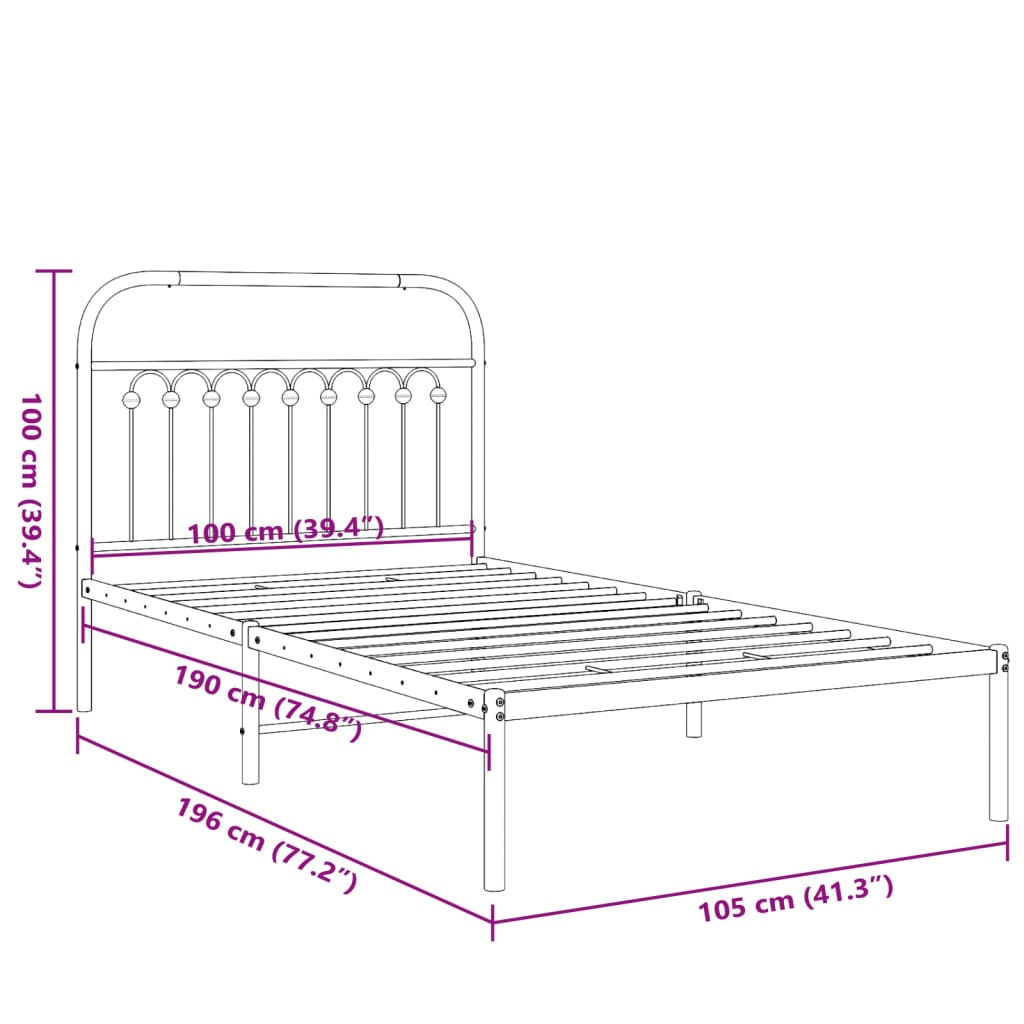 Metalni okvir za krevet s uzglavljem crni 100x190 cm