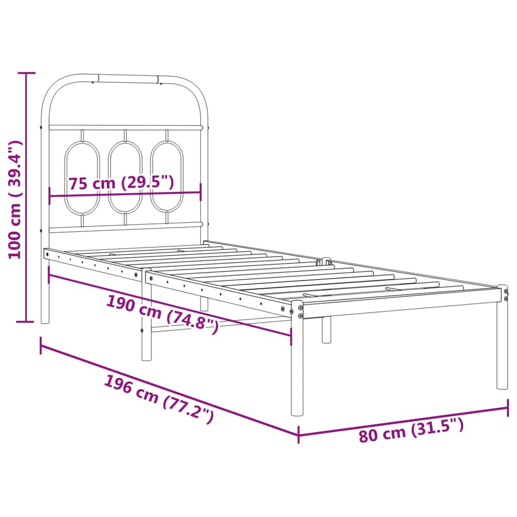 Metalni okvir za krevet s uzglavljem crni 75x190 cm