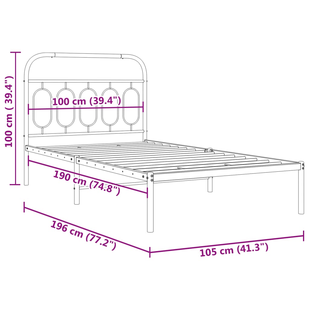 Metalni okvir za krevet s uzglavljem crni 100x190 cm