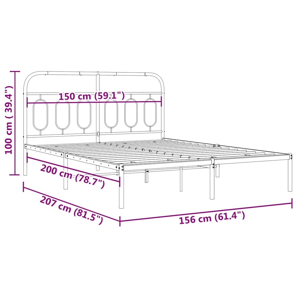 Metalni okvir za krevet s uzglavljem crni 150x200 cm