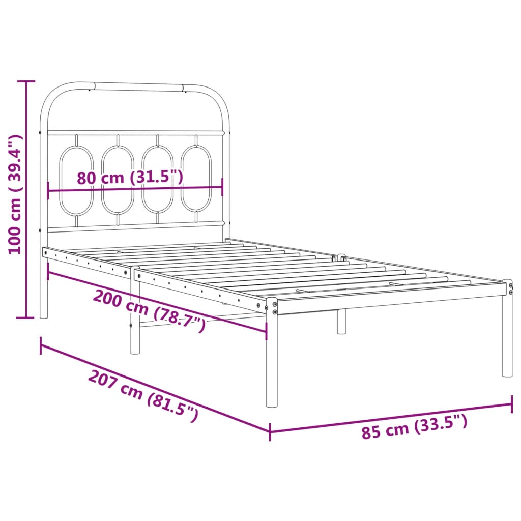 Metalni okvir za krevet s uzglavljem bijeli 80x200 cm