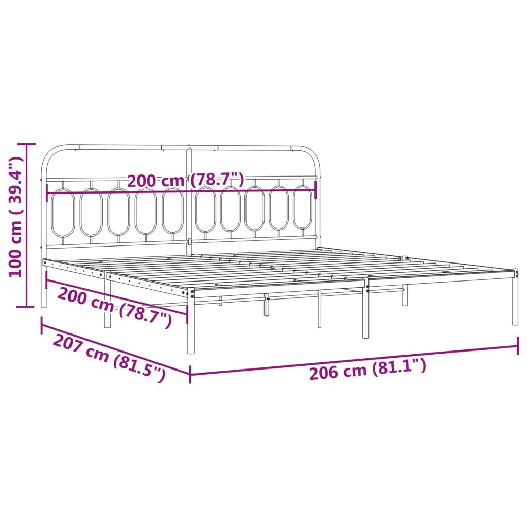 Metalni okvir za krevet s uzglavljem bijeli 200x200 cm