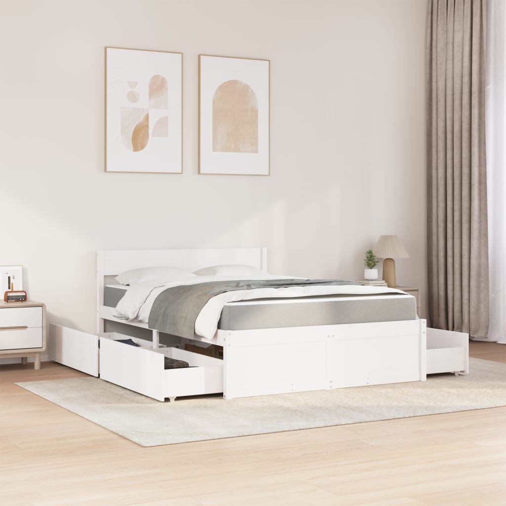 Krevet s ladicama i madracem bijeli 120 x 200 cm od borovine