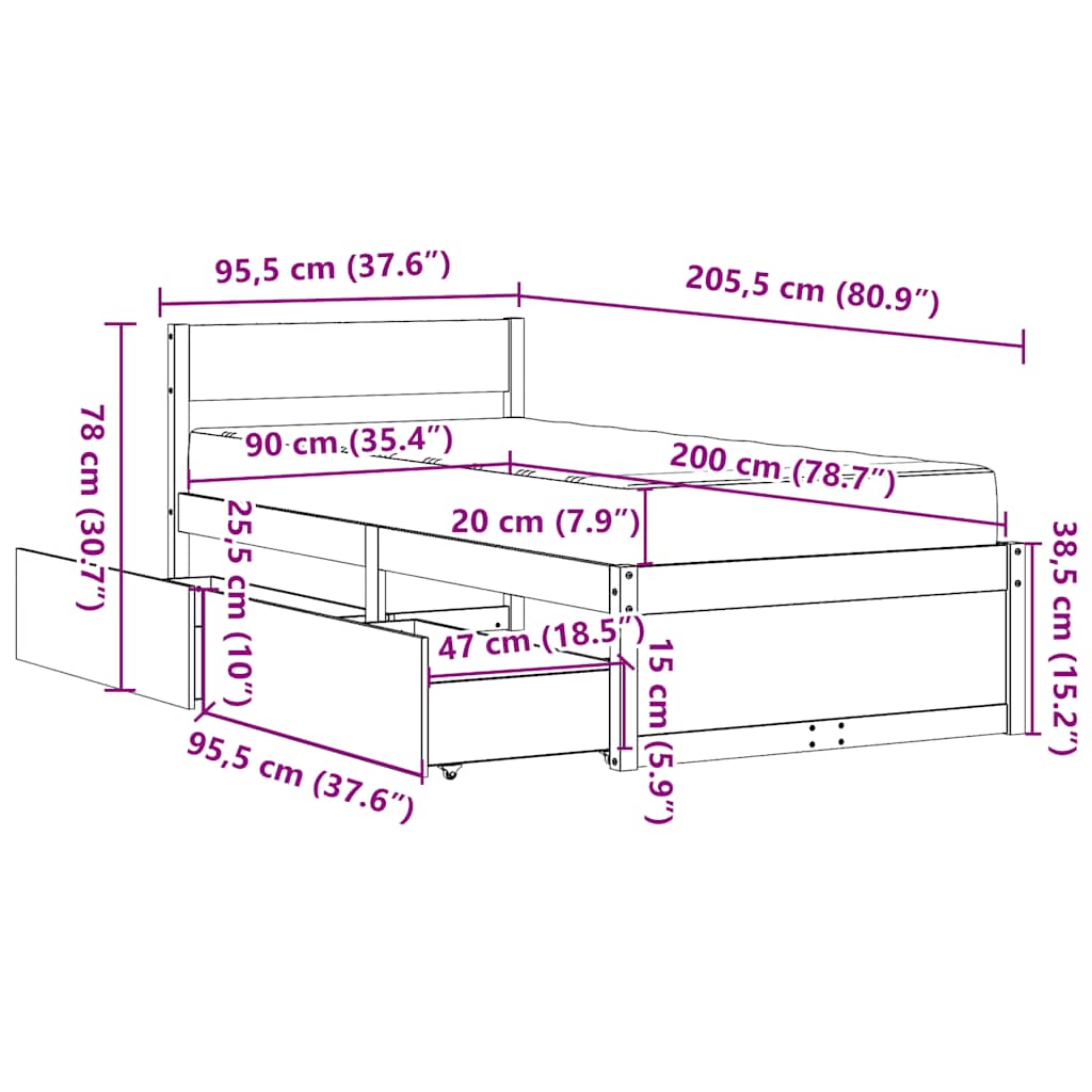 Krevet s ladicama i madracem 90 x 200 cm od borovine