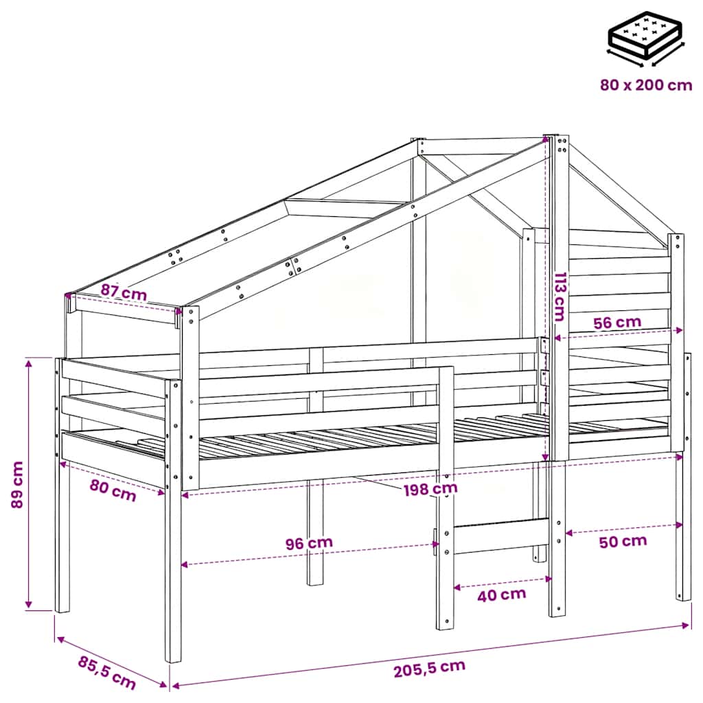 Visoki krevet s krovom 90 x 200 cm od masivne borovine