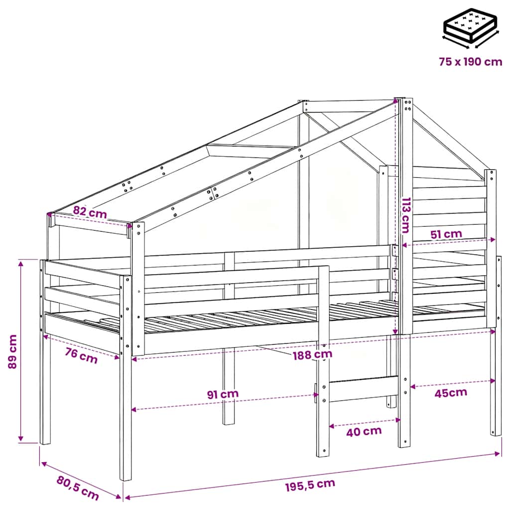 Visoki krevet s krovom 75 x 190 cm od masivne borovine