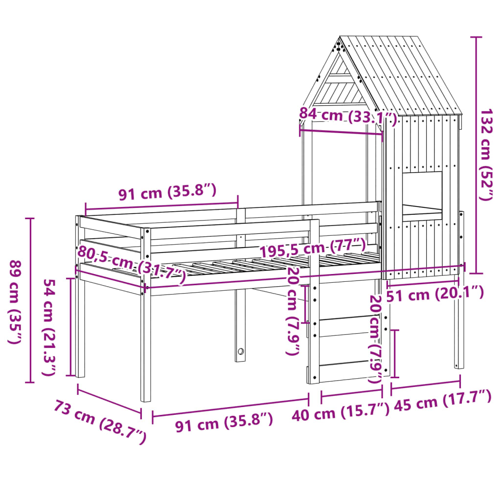 Visoki krevet s krovom 75 x 190 cm od masivne borovine