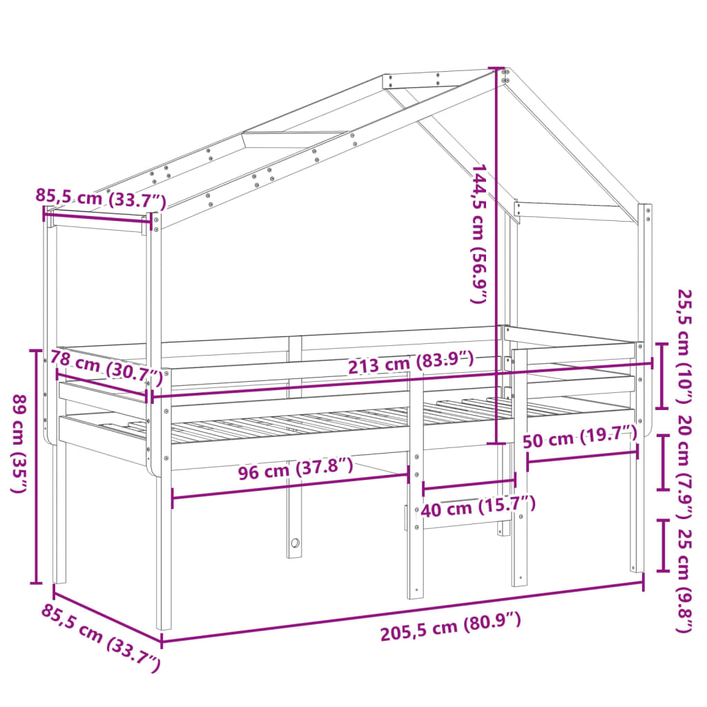 Visoki krevet s krovom 80 x 200 cm od masivne borovine