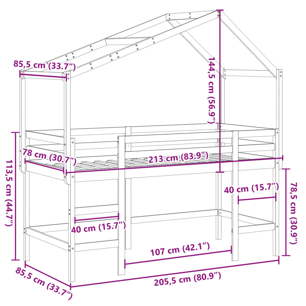 Krevet na kat s ljestvama i krovom 80x200 cm od borovine