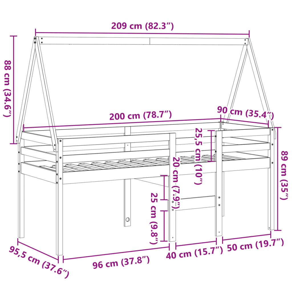 Visoki krevet s krovom voštano smeđi 80x200 cm masivna borovina