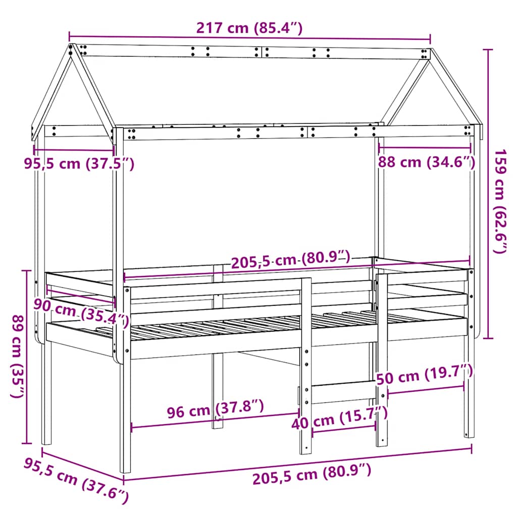 Visoki krevet s krovom bijeli 90 x 200 cm od masivne borovine