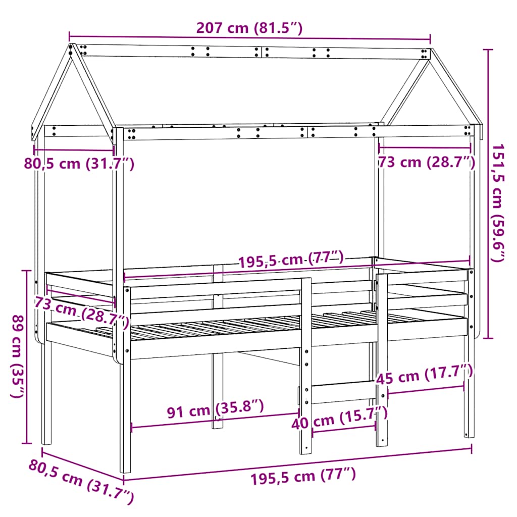 Visoki krevet s krovom bijeli 75 x 190 cm od masivne borovine