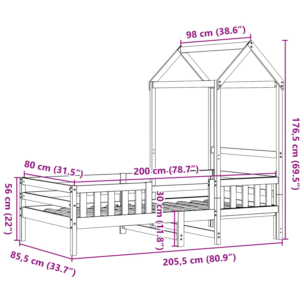 Okvir kreveta s krovom bijeli 80 x 200 cm od masivne borovine