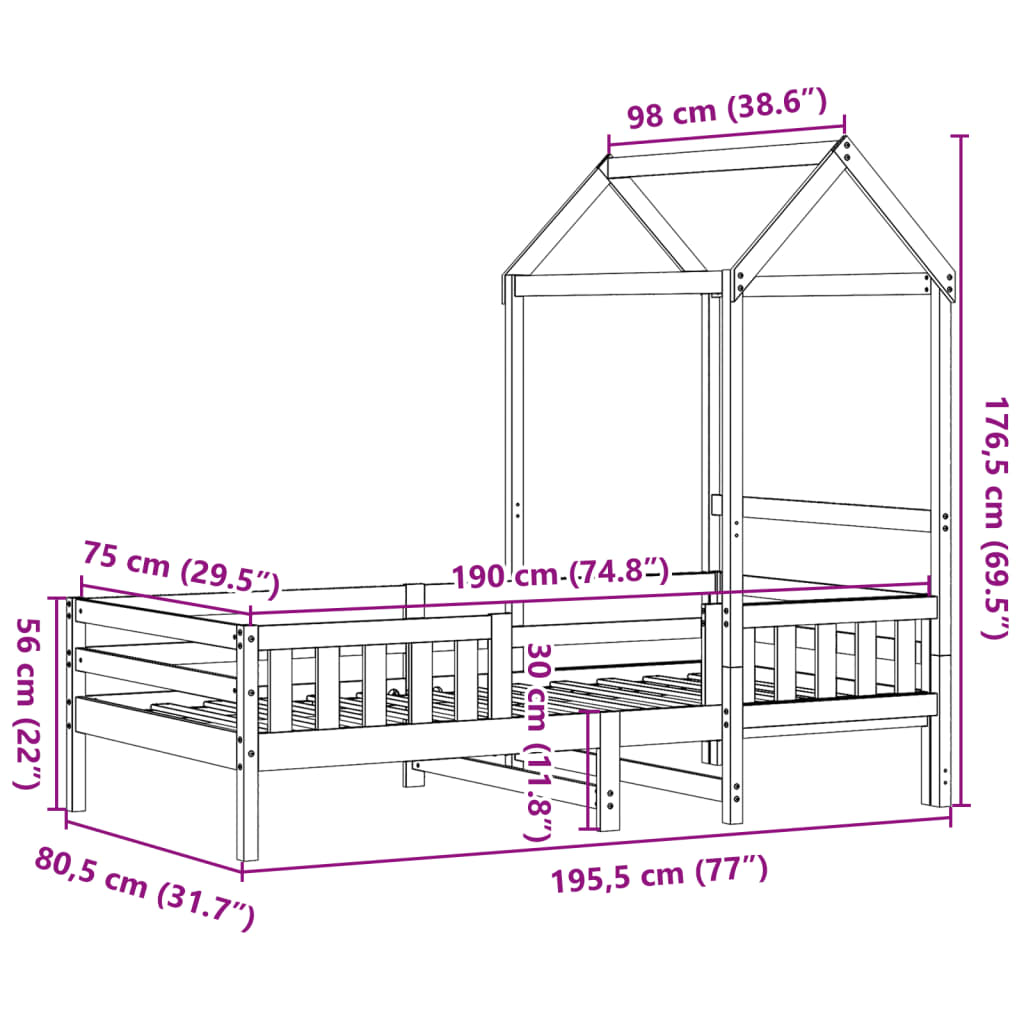 Okvir kreveta s krovom bijeli 75x190 cm od borovine