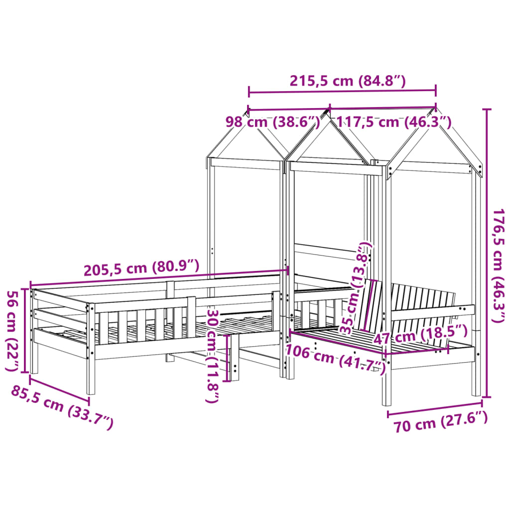 Set kreveta i klupe s krovom voštano smeđi 80x200 cm borovina