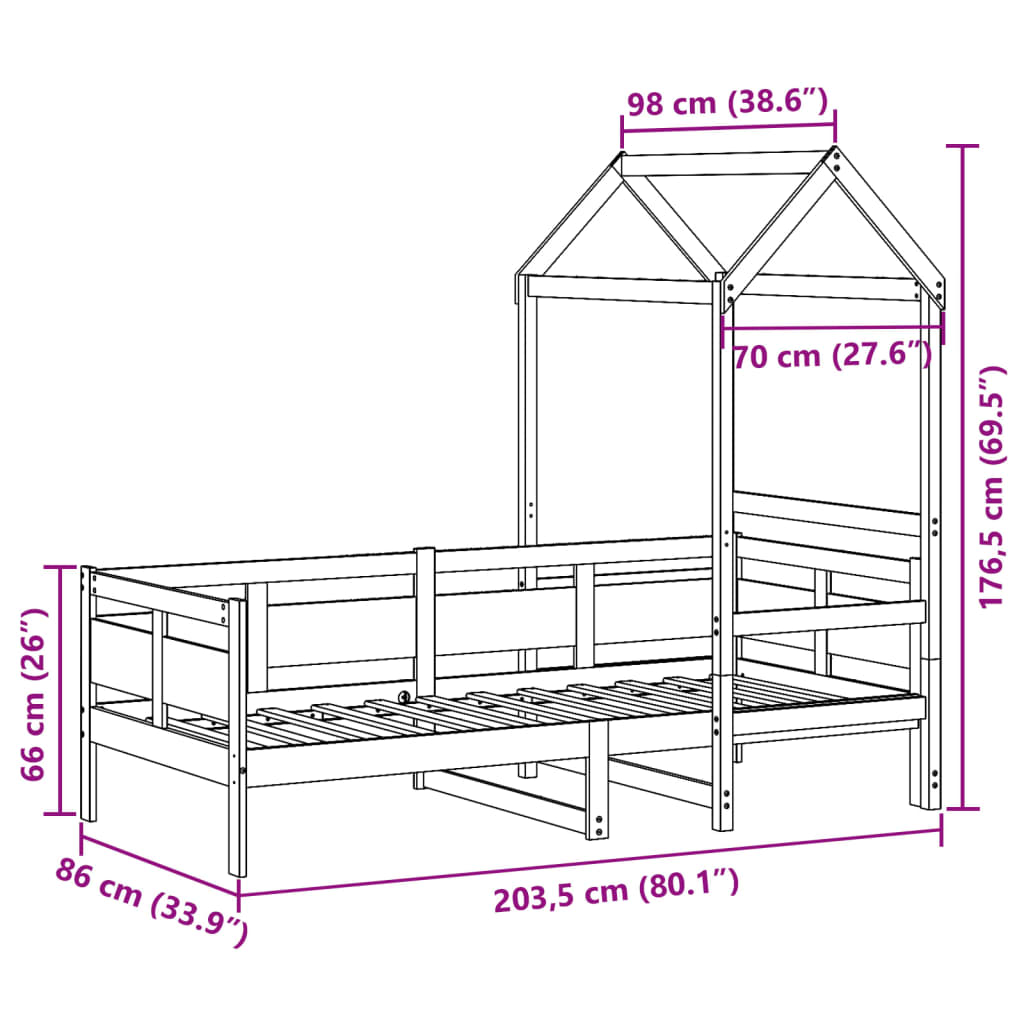 Dnevni krevet s krovom bez madraca bijeli 80x200cm masivno drvo