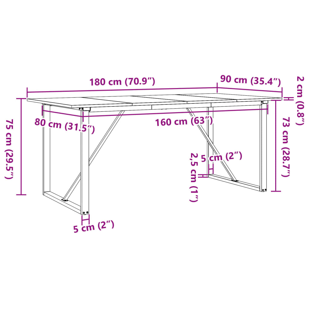 Blagovaonski stol O-oblika 180x90x75 cm od borovine i čelik