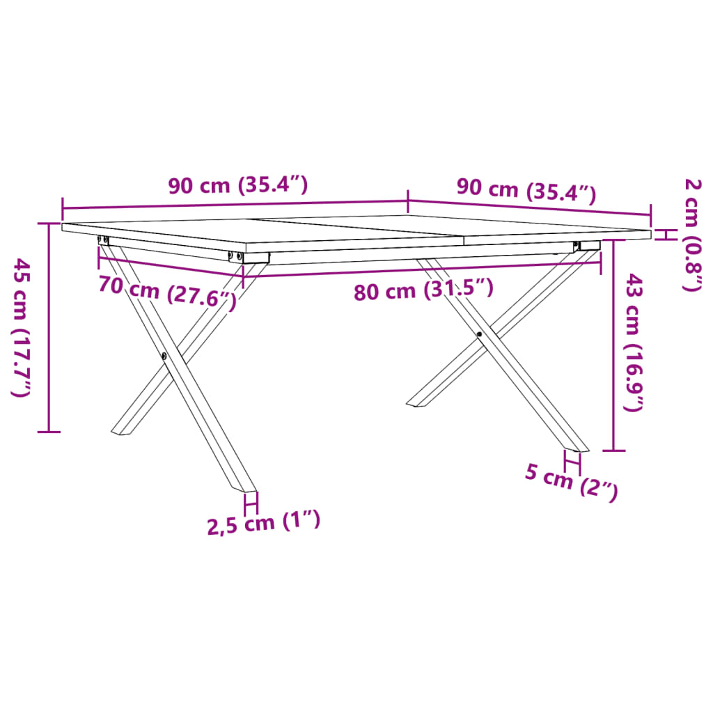 Stolić za kavu X-oblika 90x90x45 cm borovina i čelik