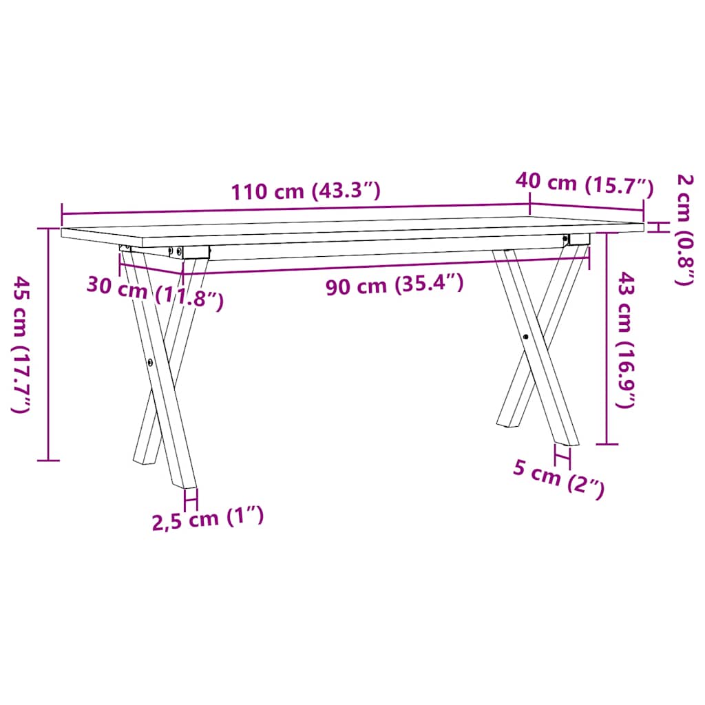 Stolić za kavu X-oblika 110x40x45cm borovina i čelik