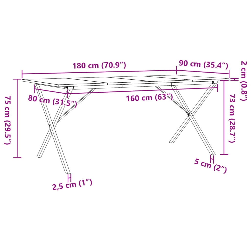 Blagovaonski stol X-oblika 180x90x75 cm od borovine i čelik