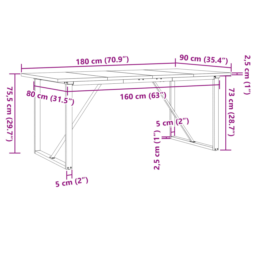 Blagovaonski stol O-oblika 180x90x75,5 cm od borovine i čelik