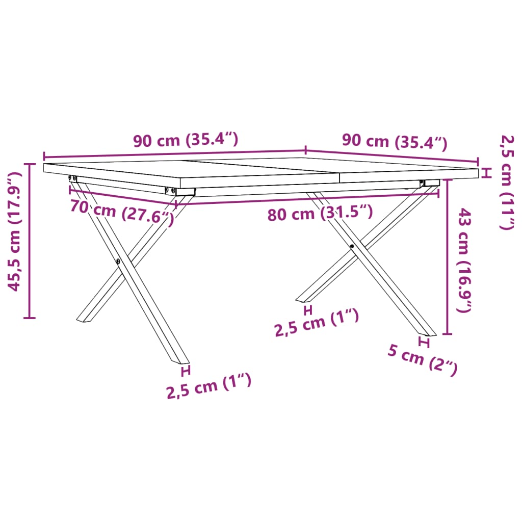 Stolić za kavu X-oblika 90x90x45,5 cm od borovine i čelik