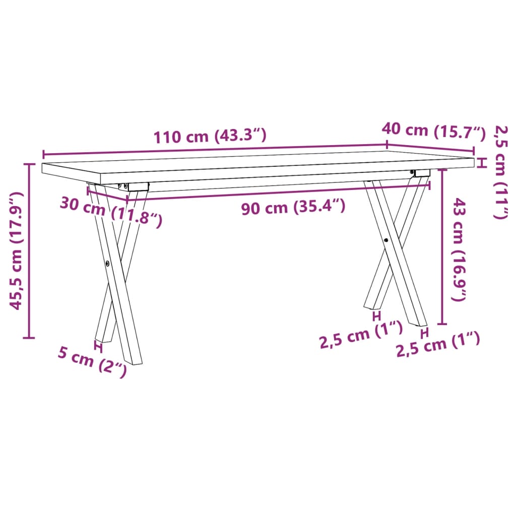 Stolić za kavu X-oblika 110x40x45,5 cm od borovine i čelik