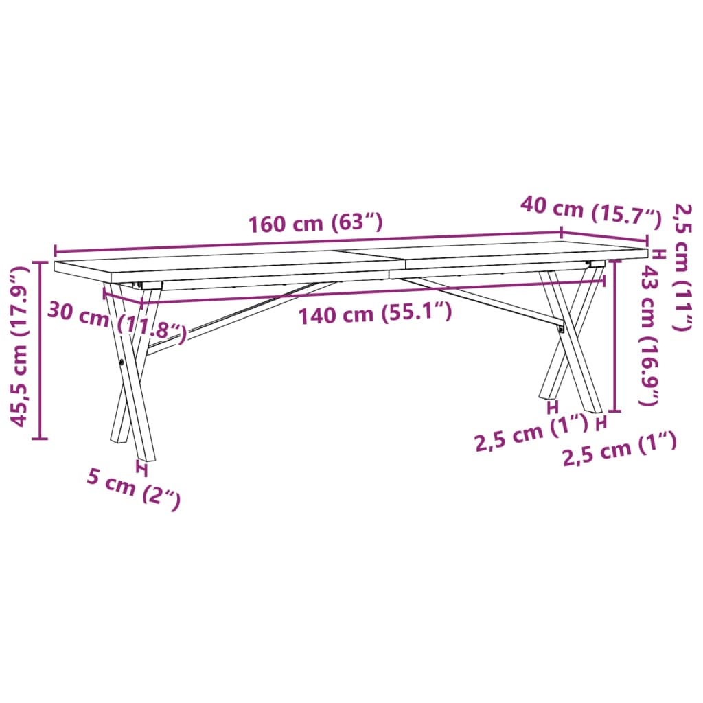 Stolić za kavu X-oblika 160x40x45,5 cm od borovine i čelik