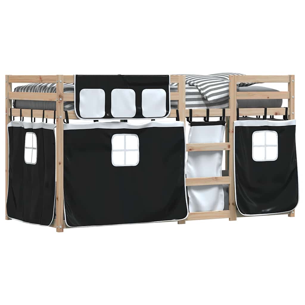 Krevet na kat sa zavjesama bijelo-crni 90 x 200 cm od borovine