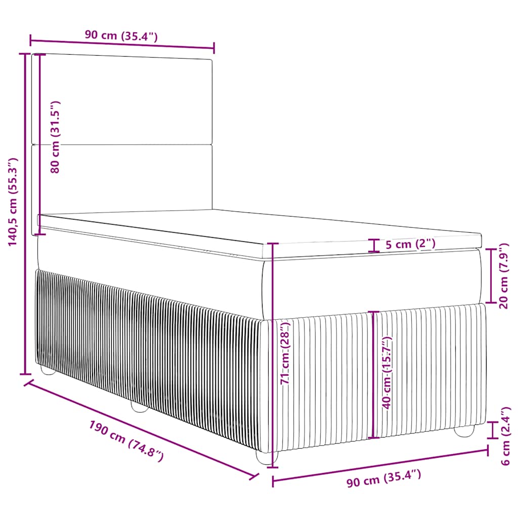 Box spring krevet s madracem tamnosivi 90x190 cm baršunasti
