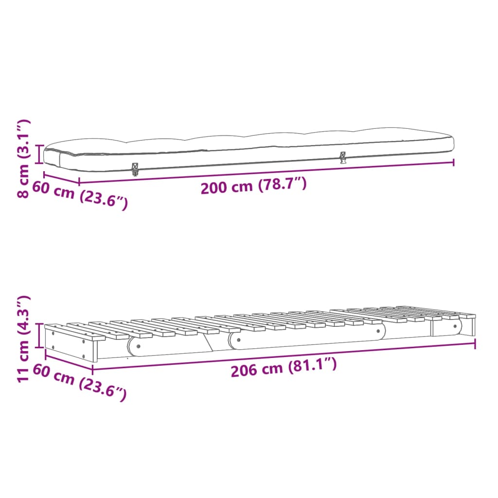 Futon na razvlačenje s madracem 60x206x11 cm masivna borovina