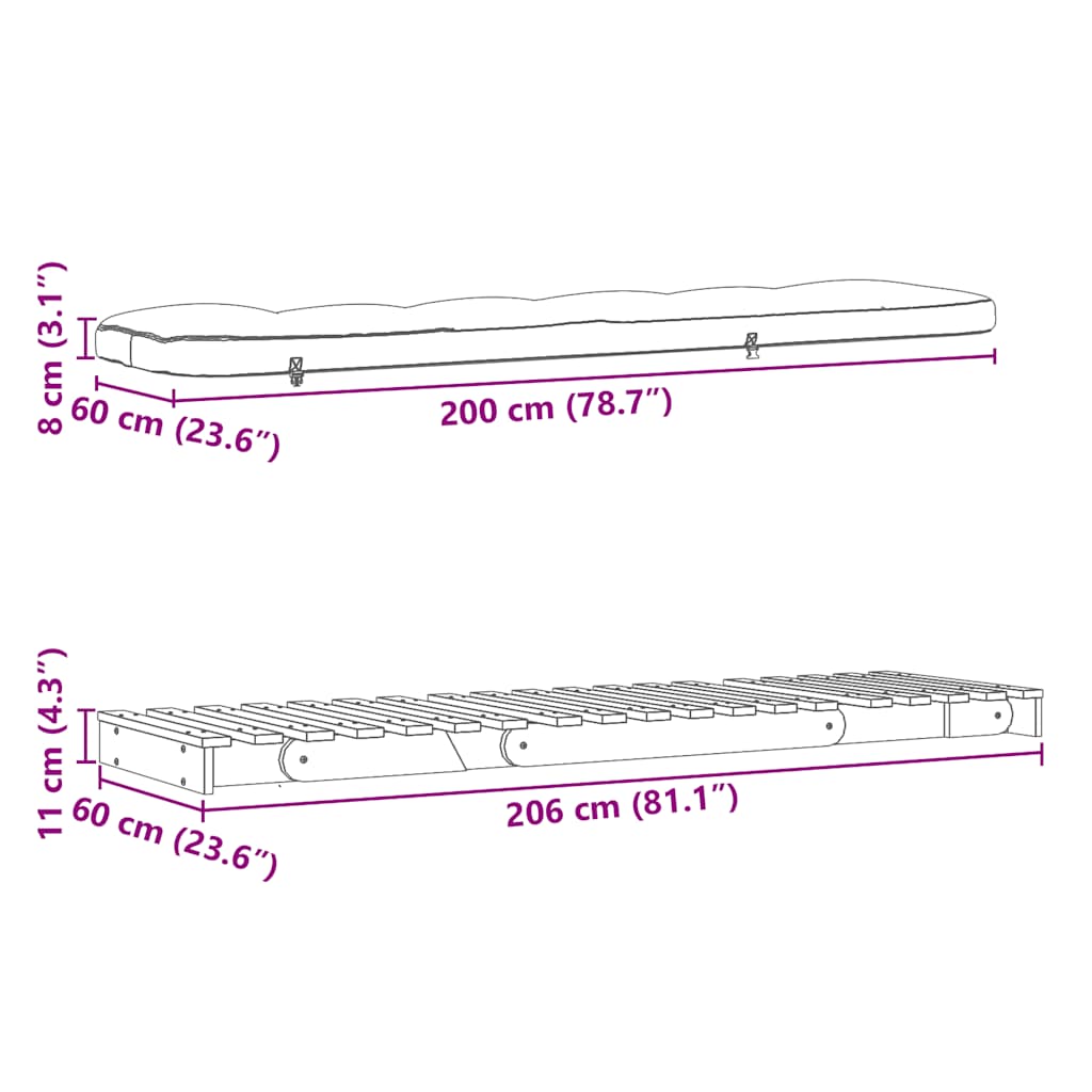 Futon na razvlačenje s madracem 60 x 206 x 11 cm od borovine