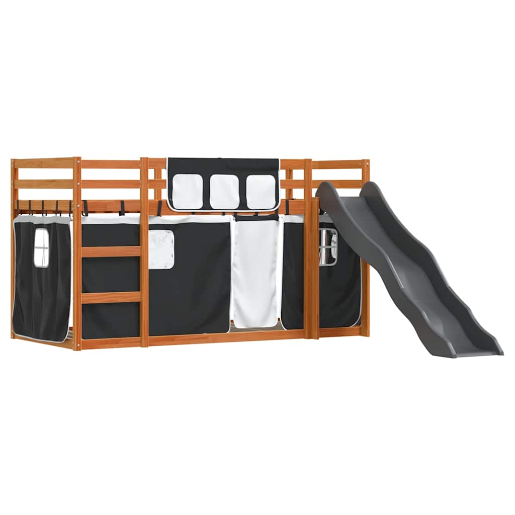 Krevet na kat s toboganom i zavjesama bijelo-crni 90 x 200 cm