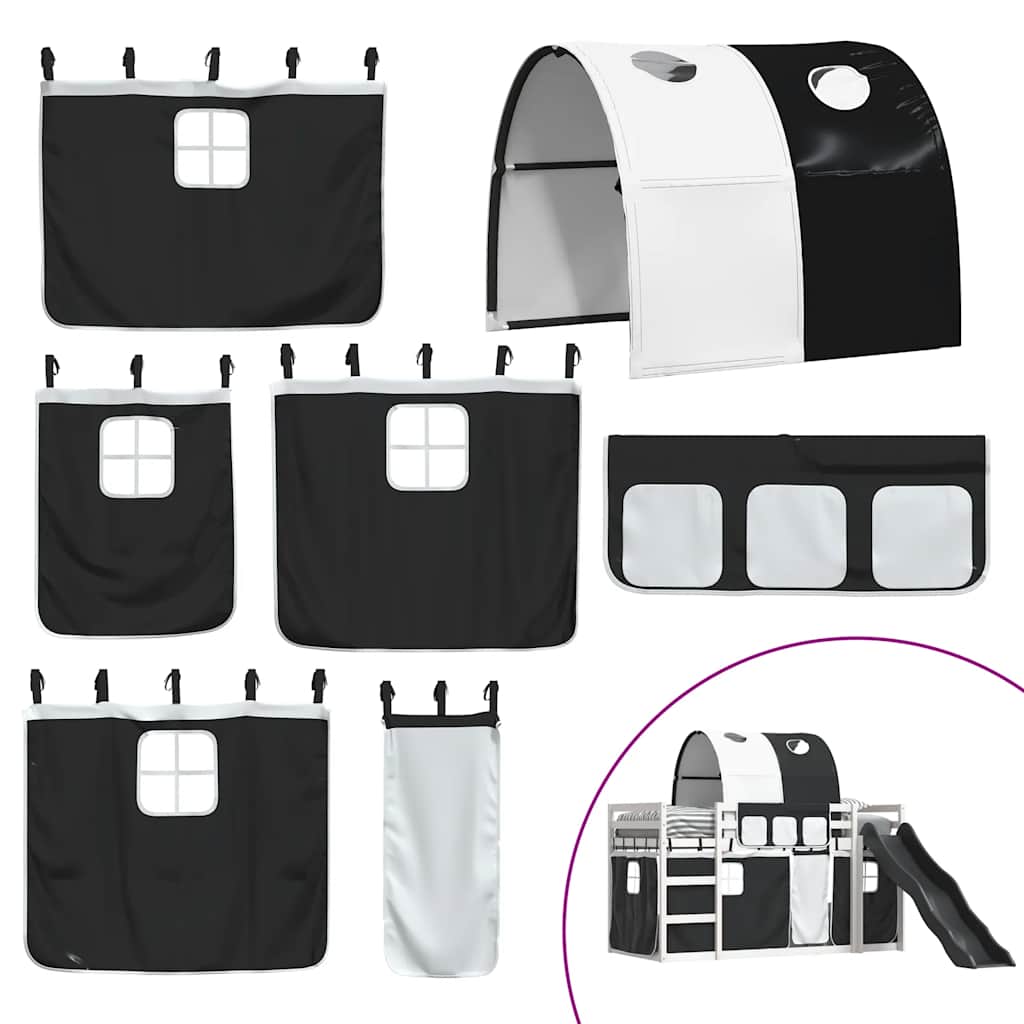 Krevet na kat s toboganom i zavjesama bijelo-crni 90 x 200 cm