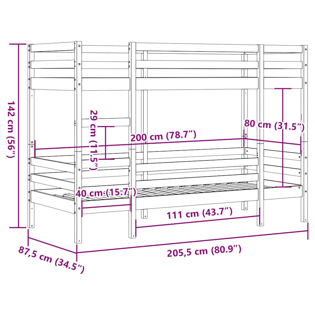 Krevet na kat bijeli 80 x 200 cm od masivne borovine